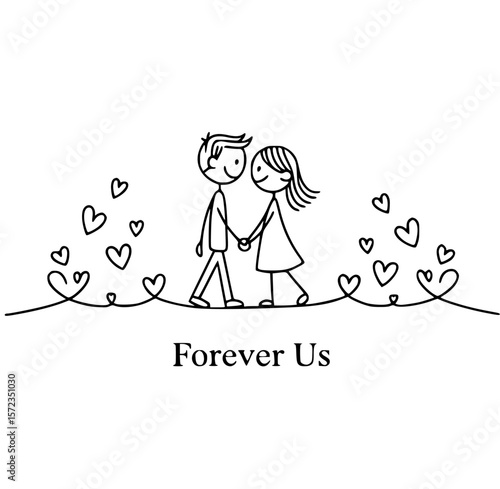 Forever Us: Charming sketch of a couple walking hand-in-hand, hearts and Forever Us text convey an enduring message of love and commitment.