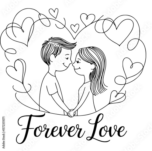 Forever Love: A touching illustration of a couple, nose-to-nose, holding hands encircled by a heart-shaped vine, signifying everlasting affection.