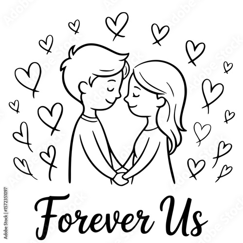 Forever Us: A delicate sketch portrays a couple lost in each other's gaze amidst a tender array of floating hearts, symbolizing eternal love and unity.