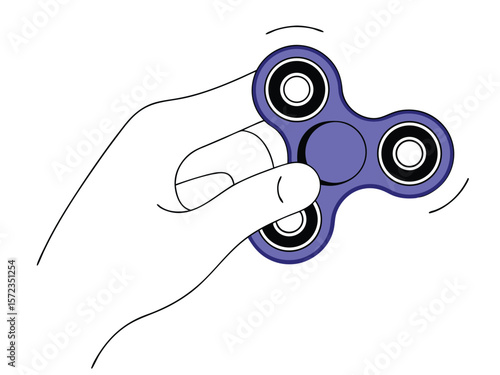 Hand holding a spinning fidget spinner vector illustration with minimalist design elements