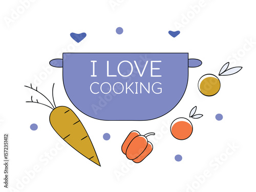 I love cooking colorful illustration featuring vegetables and a kitchen pot on transparency