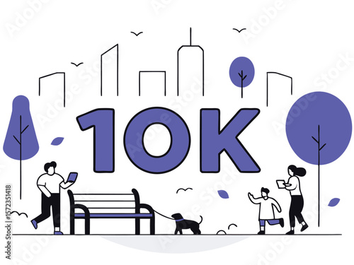 Illustrated 10k celebration with park scene and transparent graphic elements