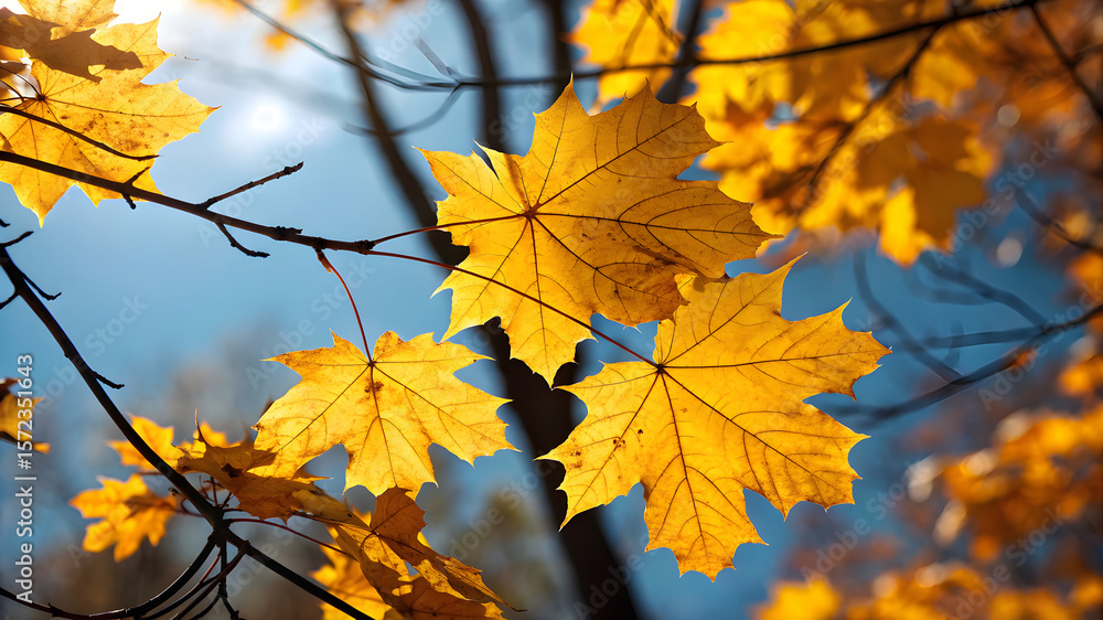 Bright autumn leaves on a tree branch, illuminated by warm sunlight filtering through the vibrant foliage Bright autumn leaves on a tree branch, illuminated by warm sunlight filtering through the vibrant foliage