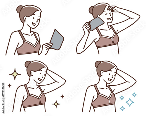 Illustrated sequence of a woman applying underarm care with transparent background