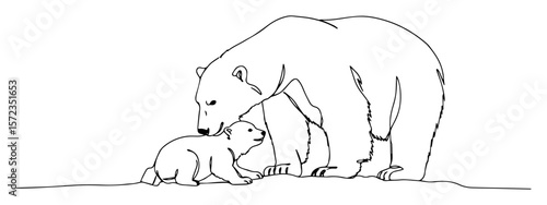polar bear with cub line art illustration