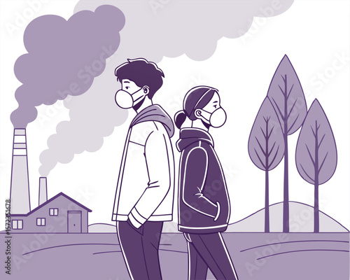 Illustration depicting air pollution impact with people wearing masks and factories against a white backdrop
