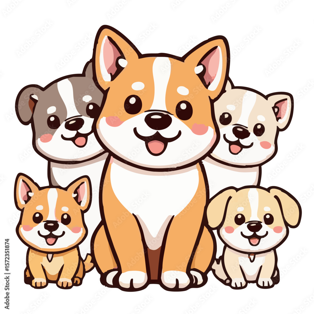 Fototapeta premium A group of happy joyful cute 5 dogs illustration cartoon character
