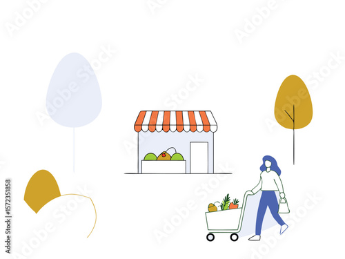 Illustration of a woman shopping with cart outside a market on a transparent background