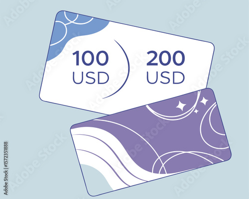Illustration of digital gift cards featuring 100 and 200 usd values suitable for design