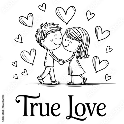 Love's Embrace: A charming illustration of a couple, bathed in the glow of adoration and surrounded by hearts, embodies the true spirit of love and partnership.