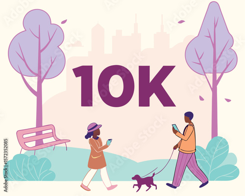 Illustration of people walking in park with dog and ten thousand number on transparent background