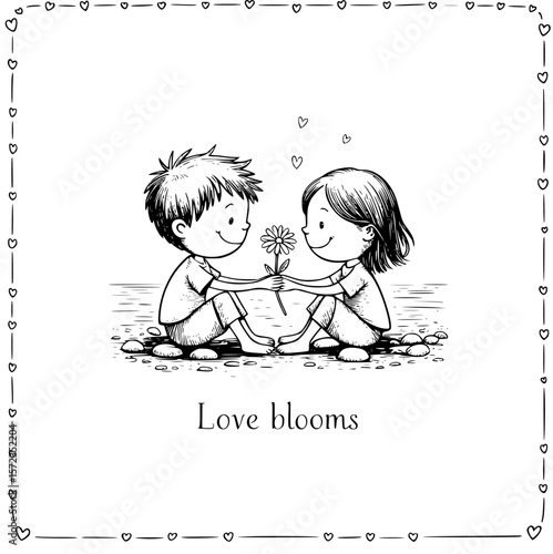 Love Blooms: In this poignant monochrome artwork, two youthful figures tenderly share a blossoming flower, symbolizing the gentle blossoming of love. The image evokes a sense of innocence.