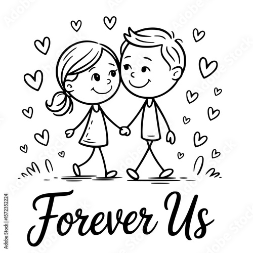Forever Us: A timeless sketch of a loving couple walking hand-in-hand, enveloped in an atmosphere of affection, where tender hearts dance in the air and love is eternal.