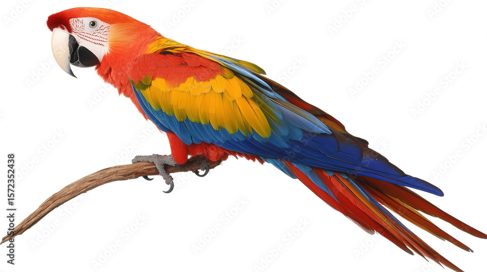 Fototapeta premium Vibrant scarlet macaw perched background isolated on a Transparent background, PNG file.