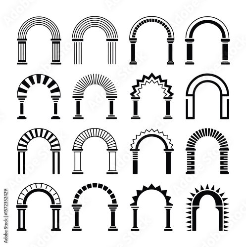 Line arch door frames. Minimalist ornate geometric doorway border frames, simple ornamental arched entrance decorative doors. Vector arch collection.
