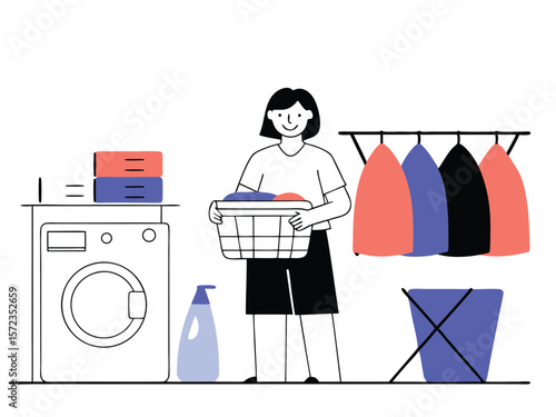 Modern illustration of laundry day featuring a woman with basket, washer, clothes, and laundry accessories