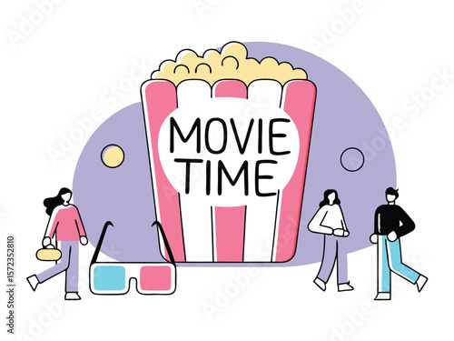 Movie time illustration featuring popcorn 3d glasses and people against white background