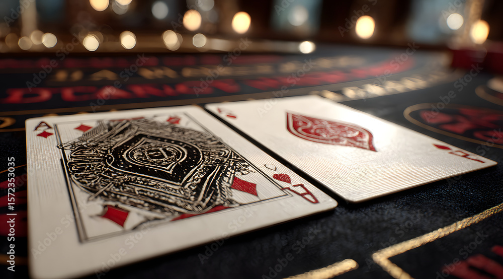 Obraz premium Empty baccarat table with just cards and close up on two cards that are closest to getting baccarat. Generative AI.