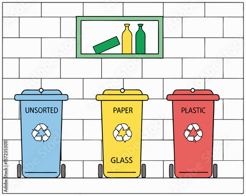 Recycling bins for paper plastic and unsorted waste with bottles on a white wall