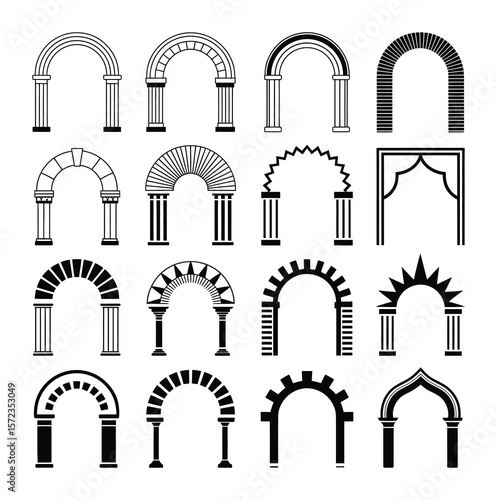 Line arch door frames. Minimalist ornate geometric doorway border frames, simple ornamental arched entrance decorative doors. Vector arch collection.

