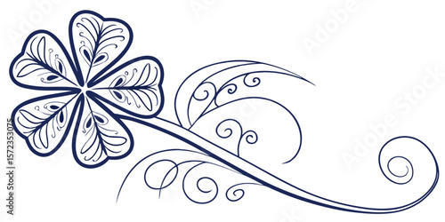 four-leaved clover calligraphy design with curled trail in white background vector illustration .
