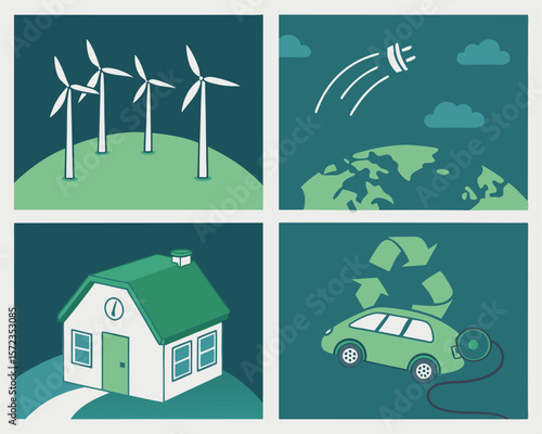 Renewable energy sources depicted with wind turbines earth and eco car sustainability concept