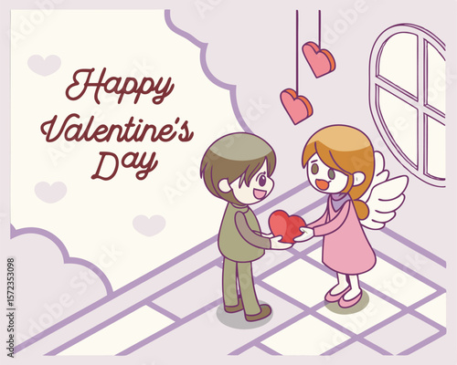 Romantic valentine's day illustration featuring a loving couple and a floating heart design