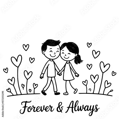 Forever & Always: A couple, hand-in-hand amidst heart-shaped blossoms, embody the timeless vow of Forever & Always, a symbol of eternal love.