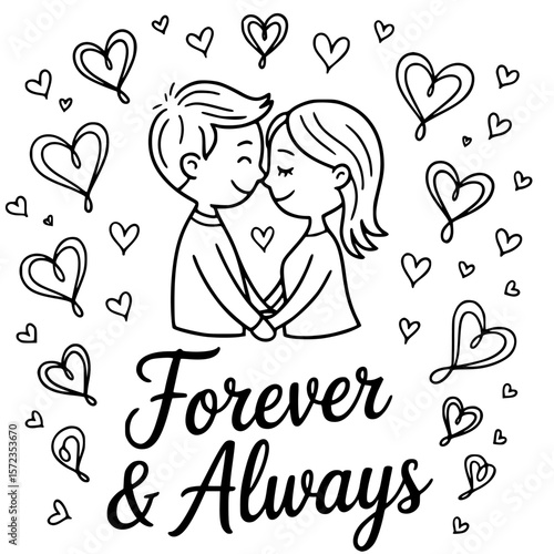 Forever & Always: An intimate illustration of a couple sharing a tender moment, surrounded by hearts, embodying eternal love and connection.