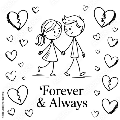 Forever & Always: A charming illustration depicts a couple walking hand-in-hand surrounded by hearts, a simple yet touching expression of enduring love.
