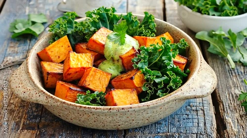 Roasted sweet potato cubes on a bed of kale with a green sauce, rustic wooden table setting
