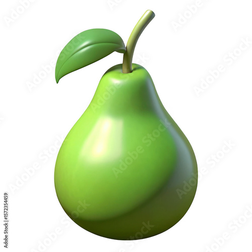 3d glossy green pear with leaf isolated on transparent background