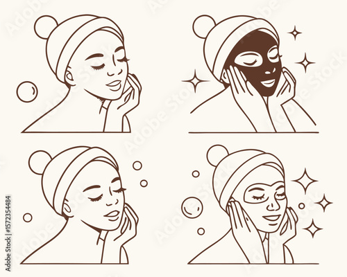 A collection of skincare routines depicted through elegant line art and enhanced transparency.