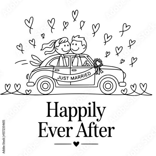 Happily Ever After Ride: A charming stick-figure couple, embraced in their wedding car, is surrounded by whimsical hearts, symbolizing enduring love and the start of a beautiful journey.