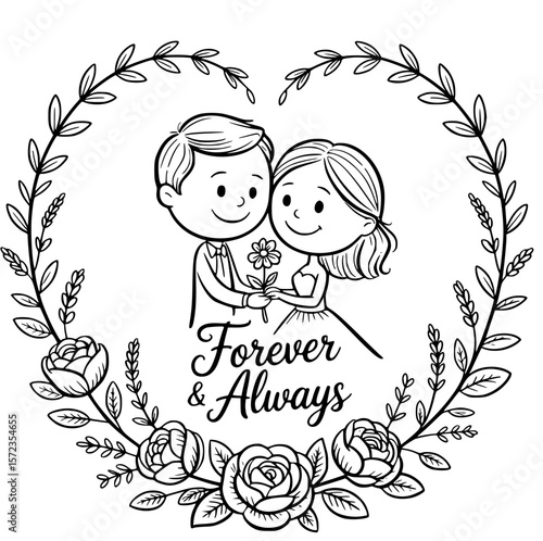 Forever & Always: A charming illustration captures the timeless essence of love, featuring a couple within a floral heart, symbolizing eternal commitment and affection.