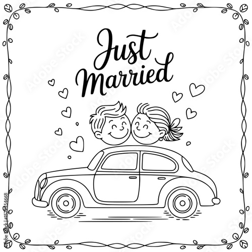 Love on Wheels: A delightful illustration depicts a newlywed couple in a classic car, the words Just Married above, symbolizing a journey of love and happiness