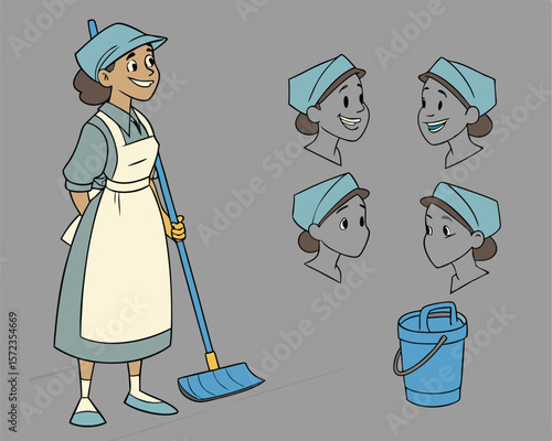 Cartoon illustration of a smiling cleaning lady with cleaning supplies and facial expressions
