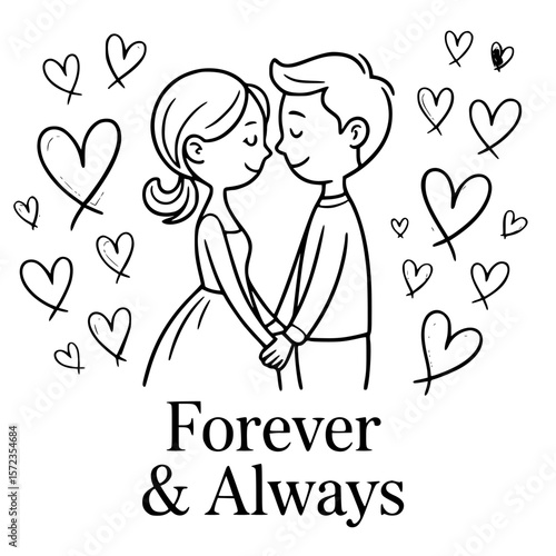 Forever & Always: A loving couple stands embraced amid a flurry of hand-drawn hearts, a visual testament to enduring love and unity, with the phrase Forever & Always anchoring the scene.