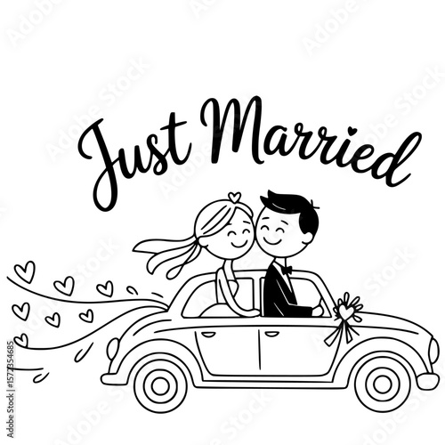Just Married Joyride: A charming illustration of a newlywed couple embarking on their journey together in a classic car, with a trail of hearts trailing behind them.