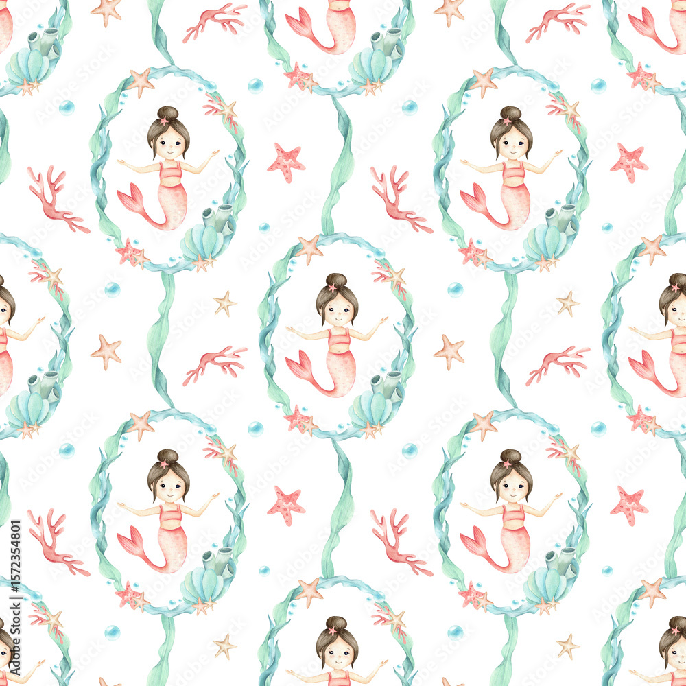 Children's seamless pattern Mermaid inside frame algae, seaweed, stars, seashell, corals underwater bubbles. Watercolor kid's illustration pastel colors isolated from background. Sea wreath template Children's seamless pattern Mermaid inside frame algae, seaweed, stars, seashell, corals underwater bubbles. Watercolor kid's illustration pastel colors isolated from background. Sea wreath template