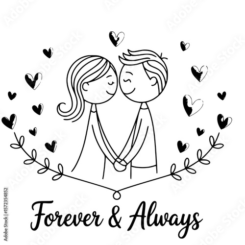 Forever and Always: A tender sketch of a loving couple, their hands clasped, framed by a wreath of hearts and leaves, a timeless declaration of enduring affection.