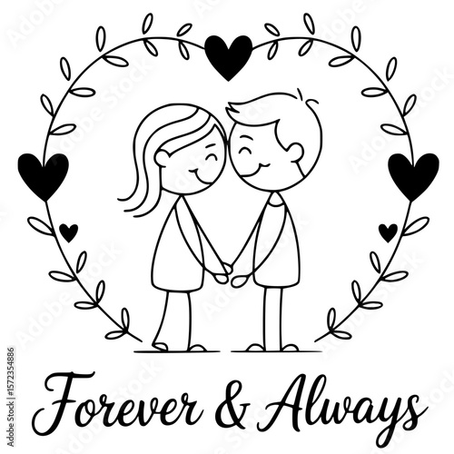 Eternal Embrace: A timeless black-and-white illustration captures a tender moment of connection. Two figures stand hand-in-hand, framed by a wreath of leaves and hearts.