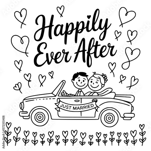 Happily Ever After: A charming, hand-drawn illustration depicts a newlywed couple joyfully embarking on their honeymoon, symbolizing the start of a lifelong journey together.