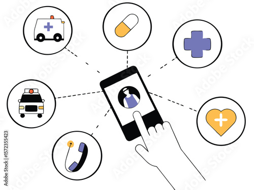 Healthcare mobile app concept illustrating emergency services and medical assistance