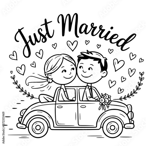 Just Married Illustration: A delightful illustration captures the essence of Just Married, depicting a happy couple in a vintage car, surrounded by hearts, symbolizing love and celebration.