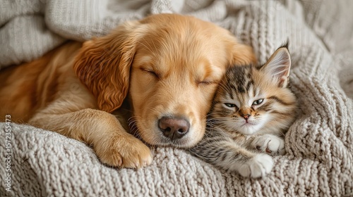 Cozy Companionship: A Dog and Cat Nestled Together on a Soft Blanket in a Relaxing Setting