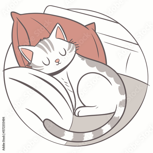 Adorable Cat Napping Peacefully on Cozy Pillows in a Warm Bed