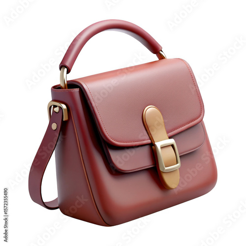 3d classic red leather handbag with gold buckle isolated on transparent background