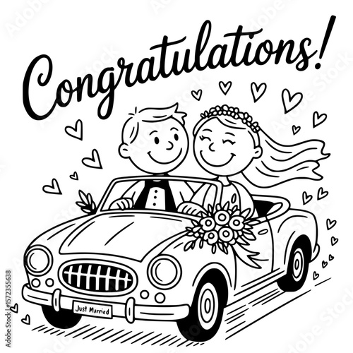 Joyful Newlyweds in a Wedding Car: A charming black and white line art captures a newly married couple in a vintage convertible, framed by celebratory hearts and joyful lettering.