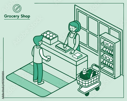 Illustration of a grocery store scene featuring customers aisle shopping checkout and shopping cart